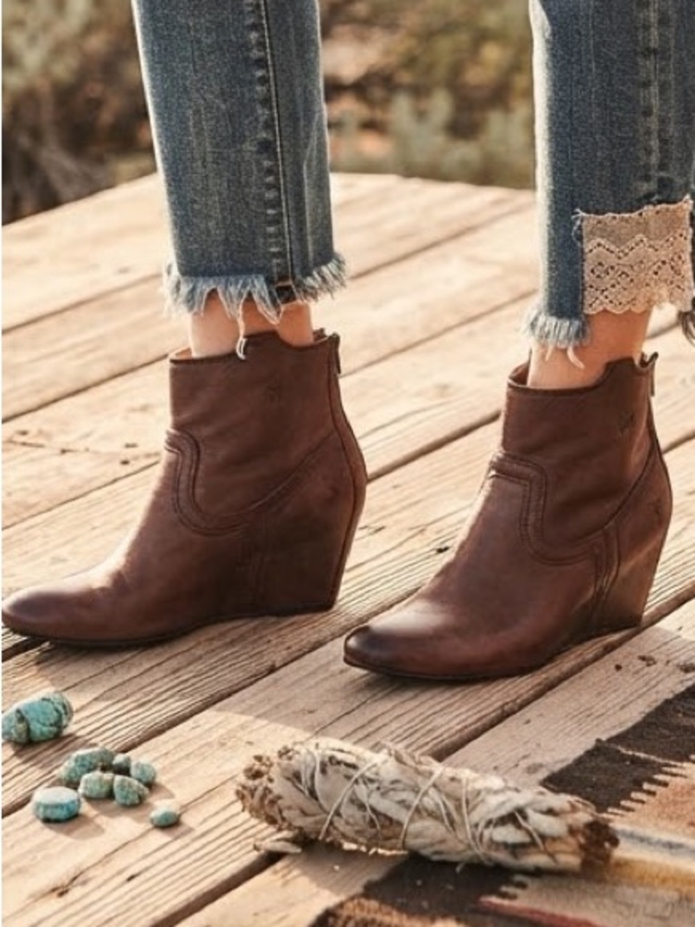FRYE Cognac Brown Leather Back-Zip Wedge Booties Size 10M